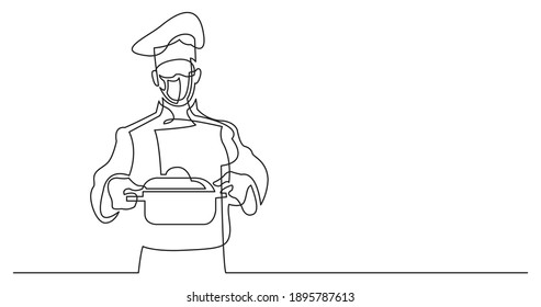 Continuous Line Drawing Of Chef Holding Pot Of Meal Wearing Face Mask