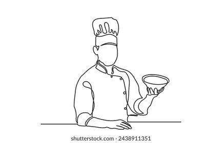continuous line drawing chef holding dish with meal. Single-line chef cooking meal concept.vector illustration.