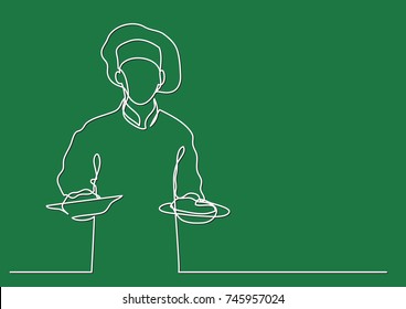 continuous line drawing of chef holding two meals