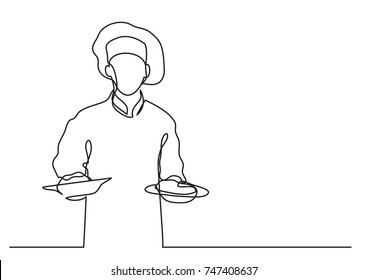 Continuous Line Drawing Of Chef Holding Two Meals