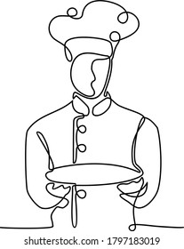 Continuous line drawing of chef holds an  empty round plate with a place for food. Chef cooks or makes bread, toque chef hats isolated from white backgrounds. One line chef vector