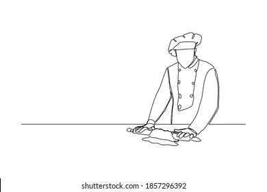 Continuous line drawing of chef man rolling bakery pizza dough use wooden rolling pins.  One line concept of bake receipt cooking. Vector illustration