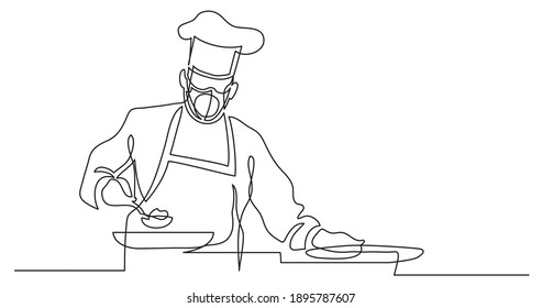 Continuous Line Drawing Of Chef Preparing Food Wearing Face Mask