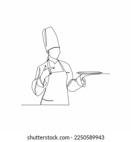 continuous line drawing of chef serving dish