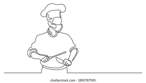 Continuous Line Drawing Of Chef Sharpening Knife Wearing Face Mask