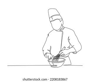 Continuous line drawing of Chef Stirring in Mixing Bowl vector illustration. Chef working single line art hand drawn minimalism style.
