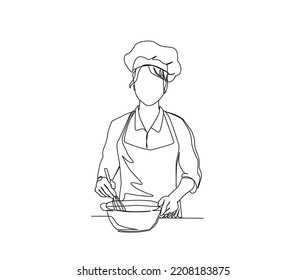 Continuous line drawing of Chef Stirring in Mixing Bowl vector illustration. Chef working single line art hand drawn minimalism style.
