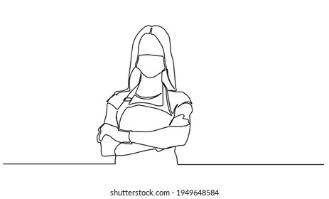 Continuous Line Drawing Of Chef Woman Standing In An Apron. One Line Concept Of Woman Cook In Protective Mask. Vector Illustration.