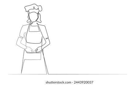 línea continua de dibujo de sombrero de chef y delantal de mujer. una línea vector de ropa de delantal para cocinar. fondo blanco aislado