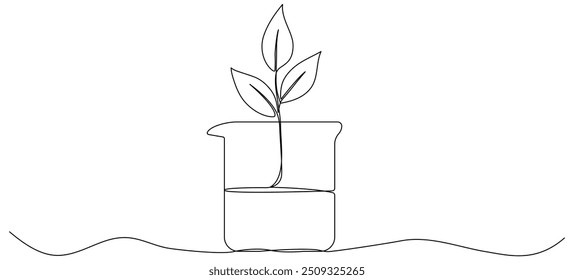 Tubo de vidrio químico de dibujo de línea continua con hojas. Brote vegetal dentro del matraz químico. Ciencia bio experimento. Ilustración vectorial aislada en blanco.