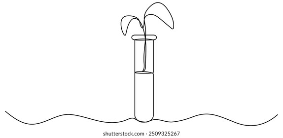 Tubo de vidrio químico de dibujo de línea continua con hojas. Brote vegetal dentro del matraz químico. Ciencia bio experimento. Ilustración vectorial aislada en blanco.