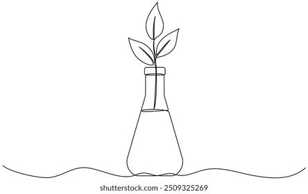 Tubo de vidrio químico de dibujo de línea continua con hojas. Brote vegetal dentro del matraz químico. Ciencia bio experimento. Ilustración vectorial aislada en blanco.