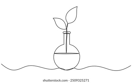 Tubo de vidrio químico de dibujo de línea continua con hojas. Brote vegetal dentro del matraz químico. Ciencia bio experimento. Ilustración vectorial aislada en blanco.