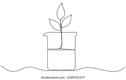 Tubo de vidrio químico de dibujo de línea continua con hojas. Brote vegetal dentro del matraz químico. Ciencia bio experimento. Ilustración vectorial aislada en blanco.