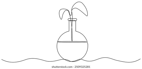 Tubo de vidrio químico de dibujo de línea continua con hojas. Brote vegetal dentro del matraz químico. Ciencia bio experimento. Ilustración vectorial aislada en blanco.