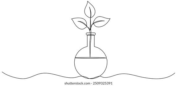 Tubo de vidrio químico de dibujo de línea continua con hojas. Brote vegetal dentro del matraz químico. Ciencia bio experimento. Ilustración vectorial aislada en blanco.