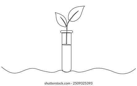 Tubo de vidrio químico de dibujo de línea continua con hojas. Brote vegetal dentro del matraz químico. Ciencia bio experimento. Ilustración vectorial aislada en blanco.