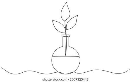 Tubo de vidrio químico de dibujo de línea continua con hojas. Brote vegetal dentro del matraz químico. Ciencia bio experimento. Ilustración vectorial aislada en blanco.