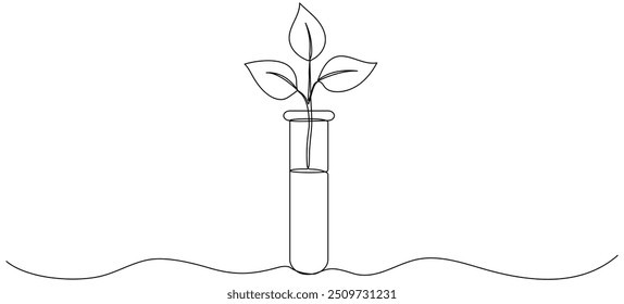 Tubo de vidrio químico de dibujo de línea continua con hojas. Brote vegetal dentro del matraz químico. Ciencia bio experimento. Ilustración vectorial aislada en blanco.