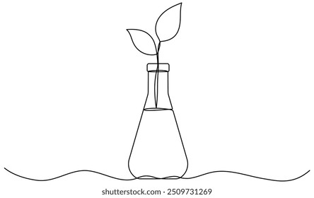 Tubo de vidrio químico de dibujo de línea continua con hojas. Brote vegetal dentro del matraz químico. Ciencia bio experimento. Ilustración vectorial aislada en blanco.