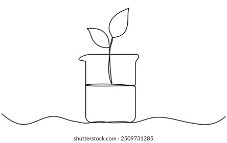 Tubo de vidrio químico de dibujo de línea continua con hojas. Brote vegetal dentro del matraz químico. Ciencia bio experimento. Ilustración vectorial aislada en blanco.