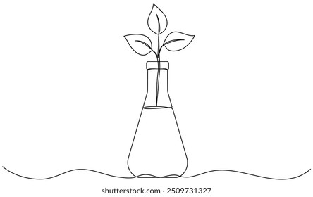 Tubo de vidrio químico de dibujo de línea continua con hojas. Brote vegetal dentro del matraz químico. Ciencia bio experimento. Ilustración vectorial aislada en blanco.