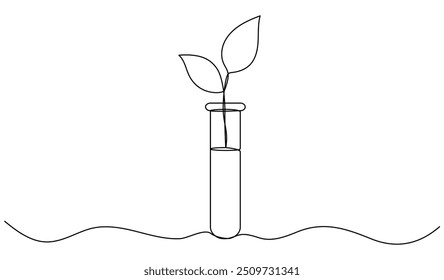 Tubo de vidrio químico de dibujo de línea continua con hojas. Brote vegetal dentro del matraz químico. Ciencia bio experimento. Ilustración vectorial aislada en blanco.