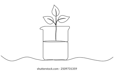 Tubo de vidrio químico de dibujo de línea continua con hojas. Brote vegetal dentro del matraz químico. Ciencia bio experimento. Ilustración vectorial aislada en blanco.