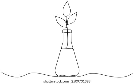 Tubo de vidrio químico de dibujo de línea continua con hojas. Brote vegetal dentro del matraz químico. Ciencia bio experimento. Ilustración vectorial aislada en blanco.