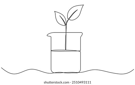 Tubo de vidrio químico de dibujo de línea continua con hojas. Brote vegetal dentro del matraz químico. Ciencia bio experimento. Ilustración vectorial aislada en blanco.