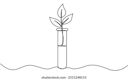 Tubo de vidrio químico de dibujo de línea continua con hojas. Brote vegetal dentro del matraz químico. Ciencia bio experimento. Ilustración vectorial aislada en blanco.