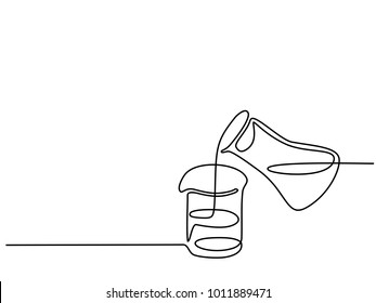 Continuous line drawing. Chemical lab retorts with liquid. Vector illustration