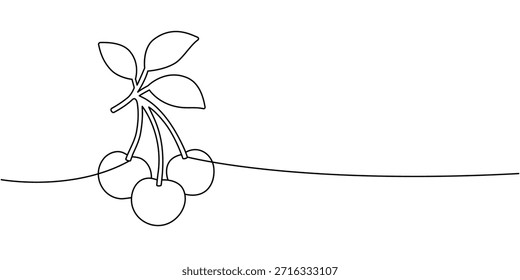 Continuous line drawing of cherry branch with three fruits and leaves. Minimal one line fruit outline illustration for botanical and food projects