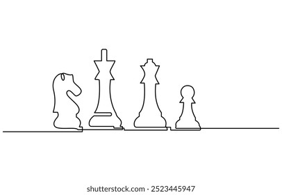 Continuous Line Drawing of Chess Icon. Hand Drawn Symbol Vector Illustration, Queen and pawn, chess pieces continuous one line art illustration. Can used for logo, emblem, slide show and banner.