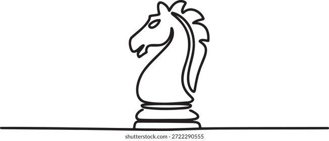 Continuous line drawing of chess knight piece. Icon symbolizing strategy intelligence and classic board game. Single stroke illustration of equestrian horse figurine, competition challenge, and medieval warfare representation. Minimalist concept drawing of tabletop entertainment.