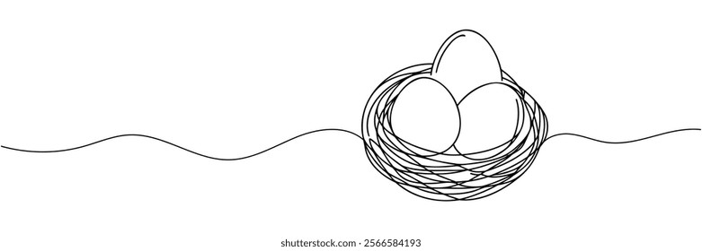 continuous line drawing of chicken eggs. one line drawing of chicken eggs in basket. isolated white background.