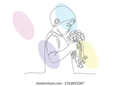 Continuous line drawing of a child admiring a bouquet of flowers, a tender moment of love and innocence captured in a minimalist style.