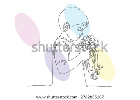 Continuous line drawing of a child admiring a bouquet of flowers, a tender moment of love and innocence captured in a minimalist style.