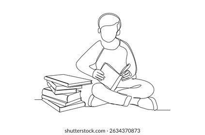 Continuous line drawing child boy sitting and read a book. Single line concept of education. Vector illustration sketch editable stroke
