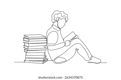 Continuous line drawing child boy sitting and read a book. Single line concept of education. Vector illustration sketch editable stroke