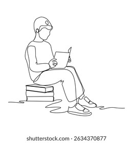 Continuous line drawing child boy sitting and read a book. Single line concept of education. Vector illustration sketch editable stroke