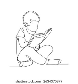 Continuous line drawing child boy sitting and read a book. Single line concept of education. Vector illustration sketch editable stroke