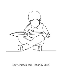 Continuous line drawing child boy sitting and read a book. Single line concept of education. Vector illustration sketch editable stroke