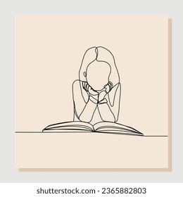 Continuous line drawing child cute little girl sitting and read a book. Single line concept of education. Vector illustration