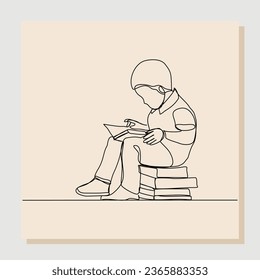 Continuous line drawing child cute little boy sitting and read a book. Single line concept of education. Vector illustration