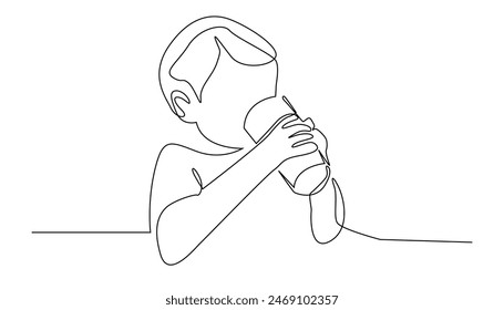 continuous line drawing of a child drinking milk. one line drawing of a toddler drinking milk with a glass. isolated on a white background