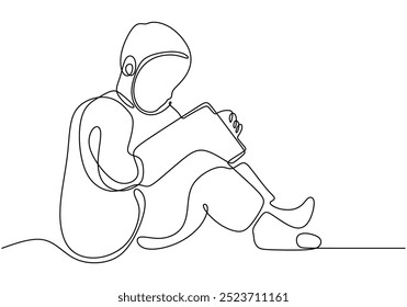 Continuous line drawing of a child engrossed in a book. Simple and elegant representation of education. Vector illustration.
