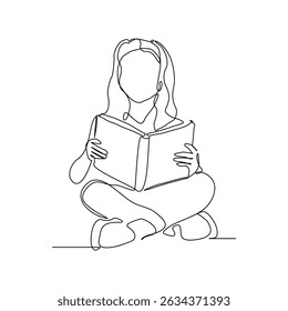 Continuous line drawing child girl sitting and read a book. Single line concept of education. Vector illustration sketch editable stroke
