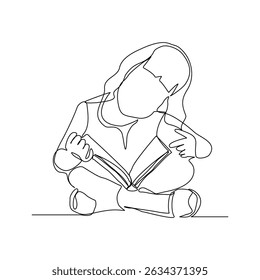 Continuous line drawing child girl sitting and read a book. Single line concept of education. Vector illustration sketch editable stroke