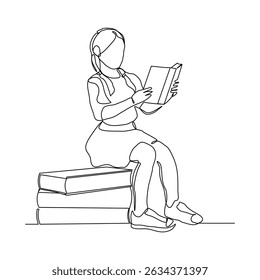Continuous line drawing child girl sitting and read a book. Single line concept of education. Vector illustration sketch editable stroke
